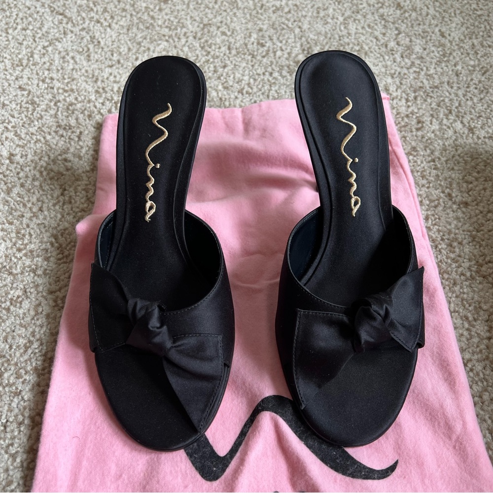 Nina black satin heel sandals slip on mule brand new size 8 with box